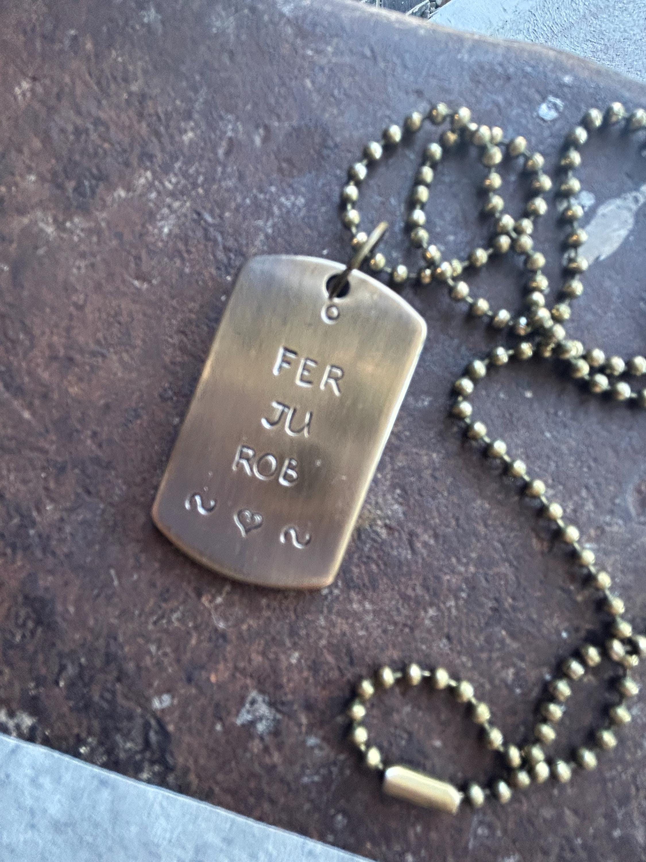 Thick Quality Hand Stamped Dog Tag Necklace – Personalized Name Pendant (Copper, Brass, Silver) - Antique Aged Finish, photograph 4