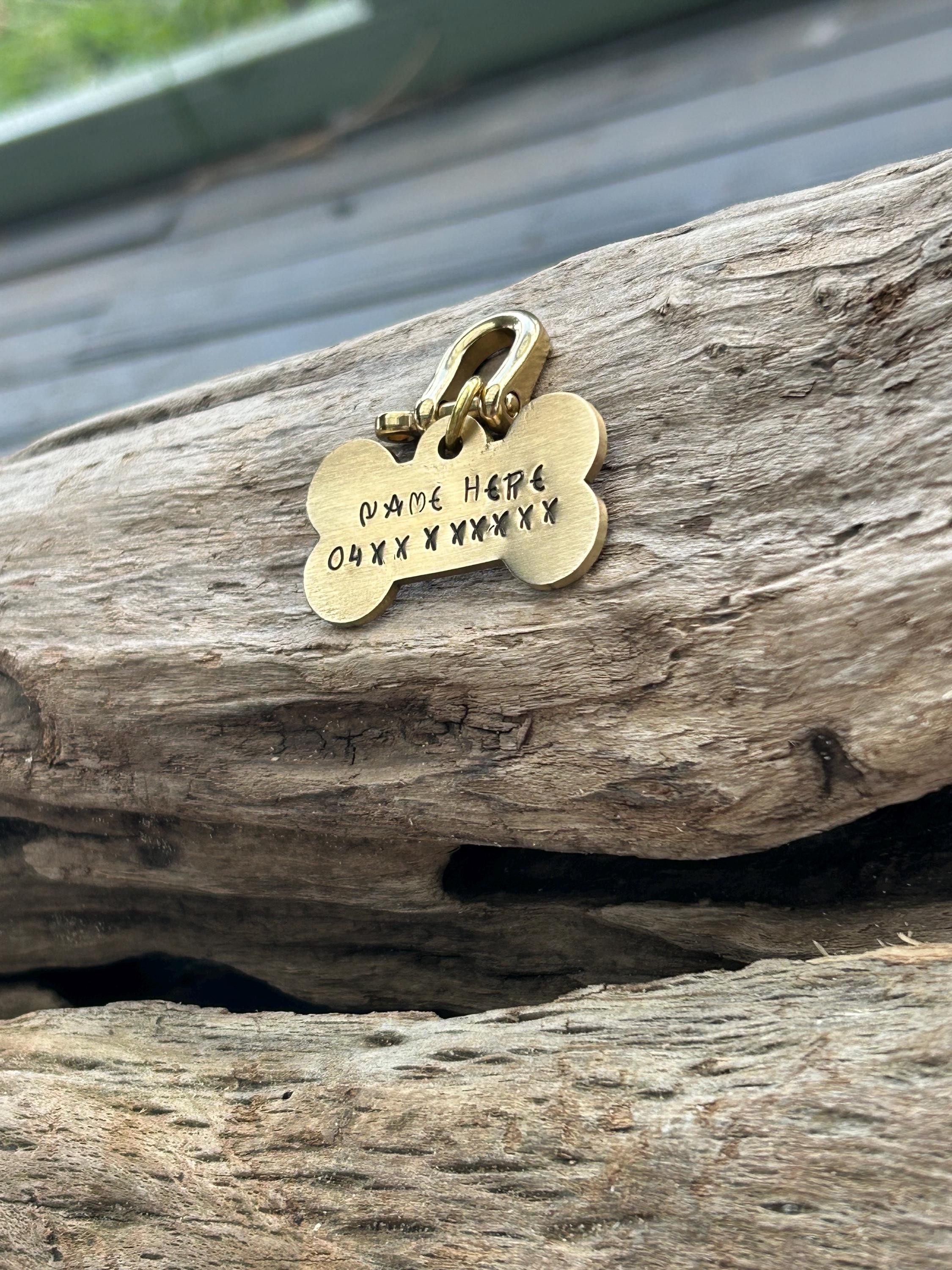 Bone Shaped Brass Dog Tag, Hand Stamped Pet ID with Name and Phone Number, photograph 9