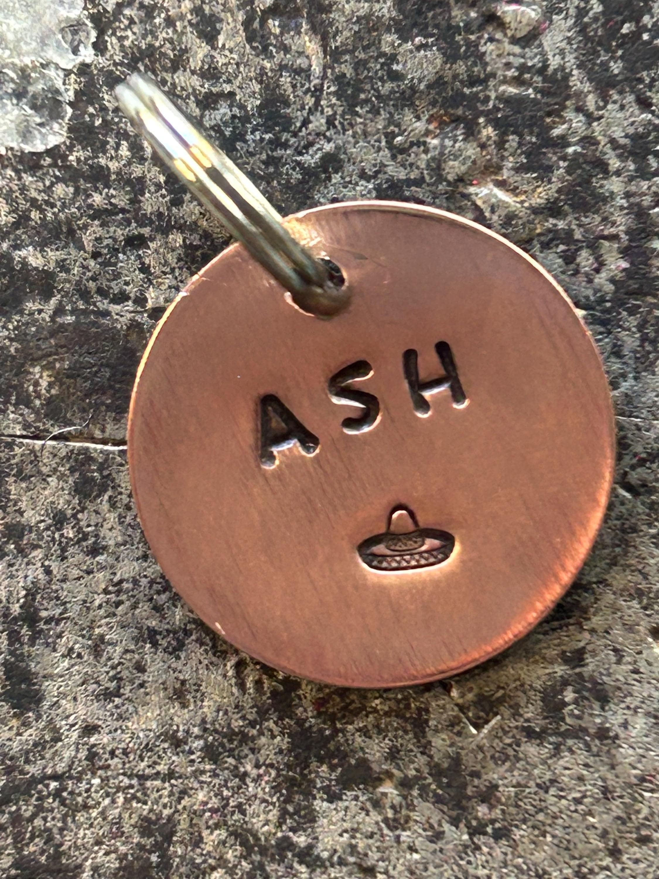 PREMIUM Hand Stamped Pet ID Tag, Custom Name & Picture, Copper or Brass (25mm), photograph 1
