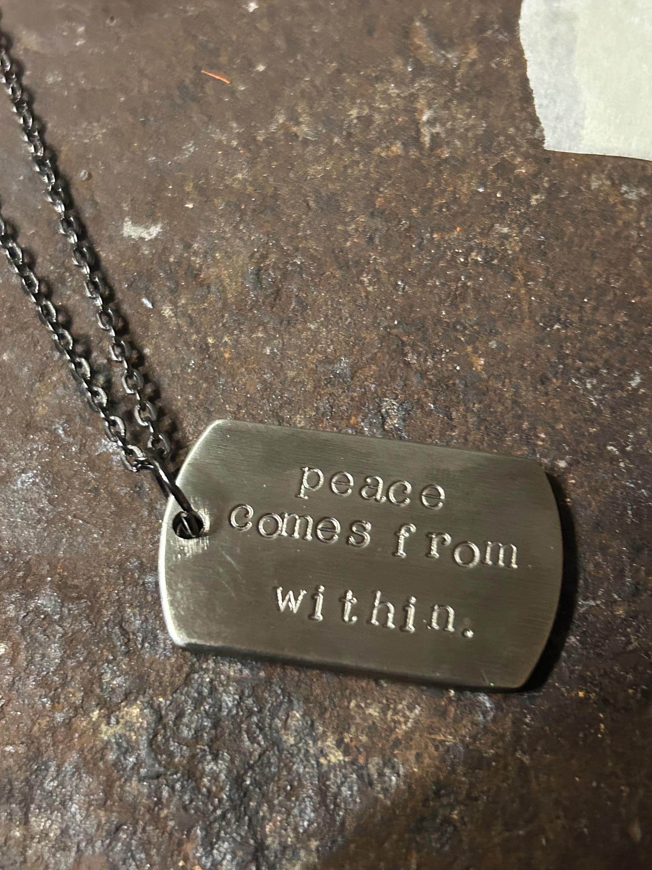Handmade Dog Tag Necklace – Peace comes from Within - Aged Silver Cupro-Nickel, Gunmetal Chain (50cm) PREMIUM Thick, photograph 1