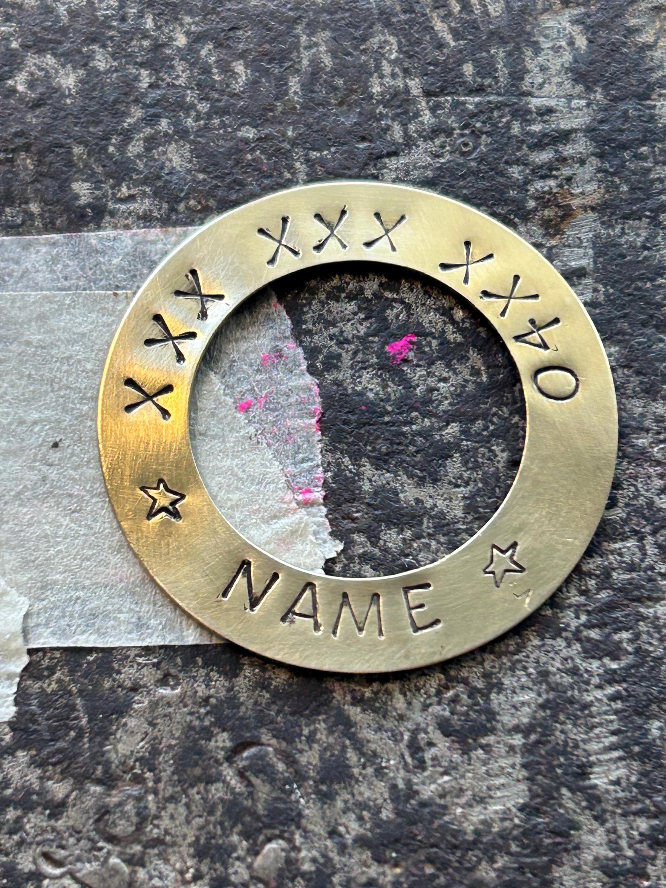 Handmade Brass Pet Tag, Personalized Name & Phone, Wedding Party Charm (35mm), photograph 1