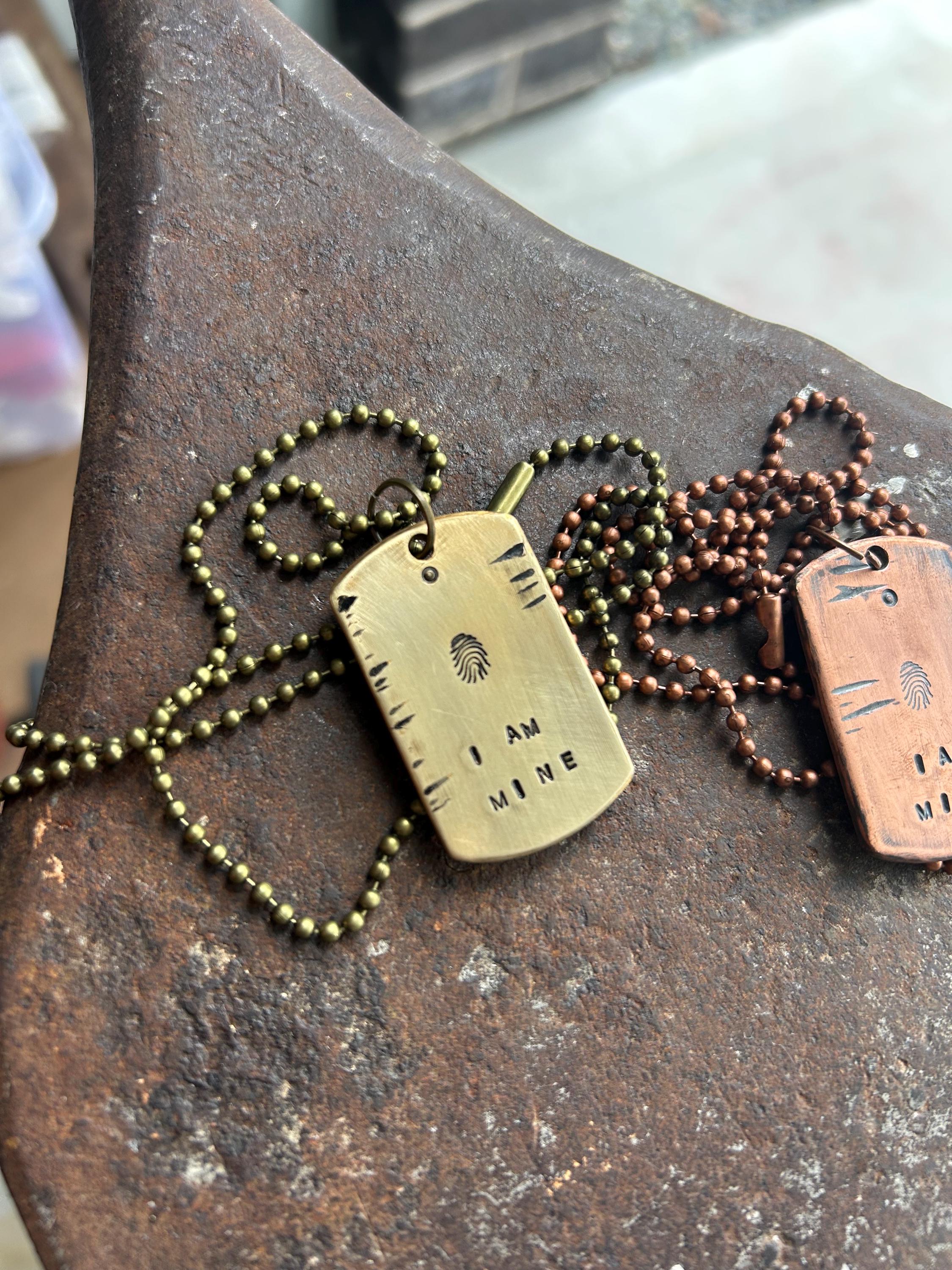 I Am Mine Hand stamped Dog Tag Necklace, Reiki Charged Copper Brass Silver Pendant, Self Love Gift, photograph 2