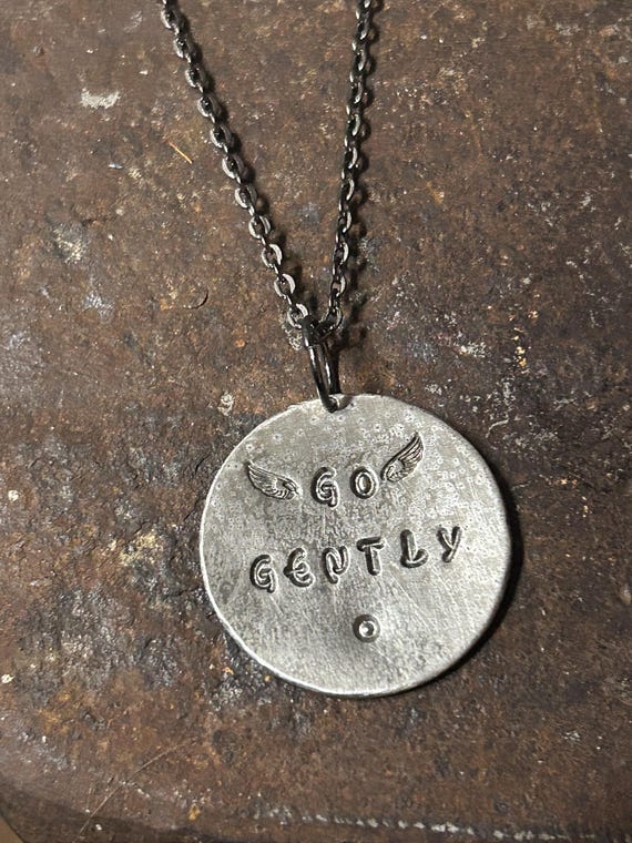 GO GENTLY — Handmade Reiki-Charged Necklace, Hand Stamped Wing Pendant, Gunmetal Chain 50cm, photograph 1