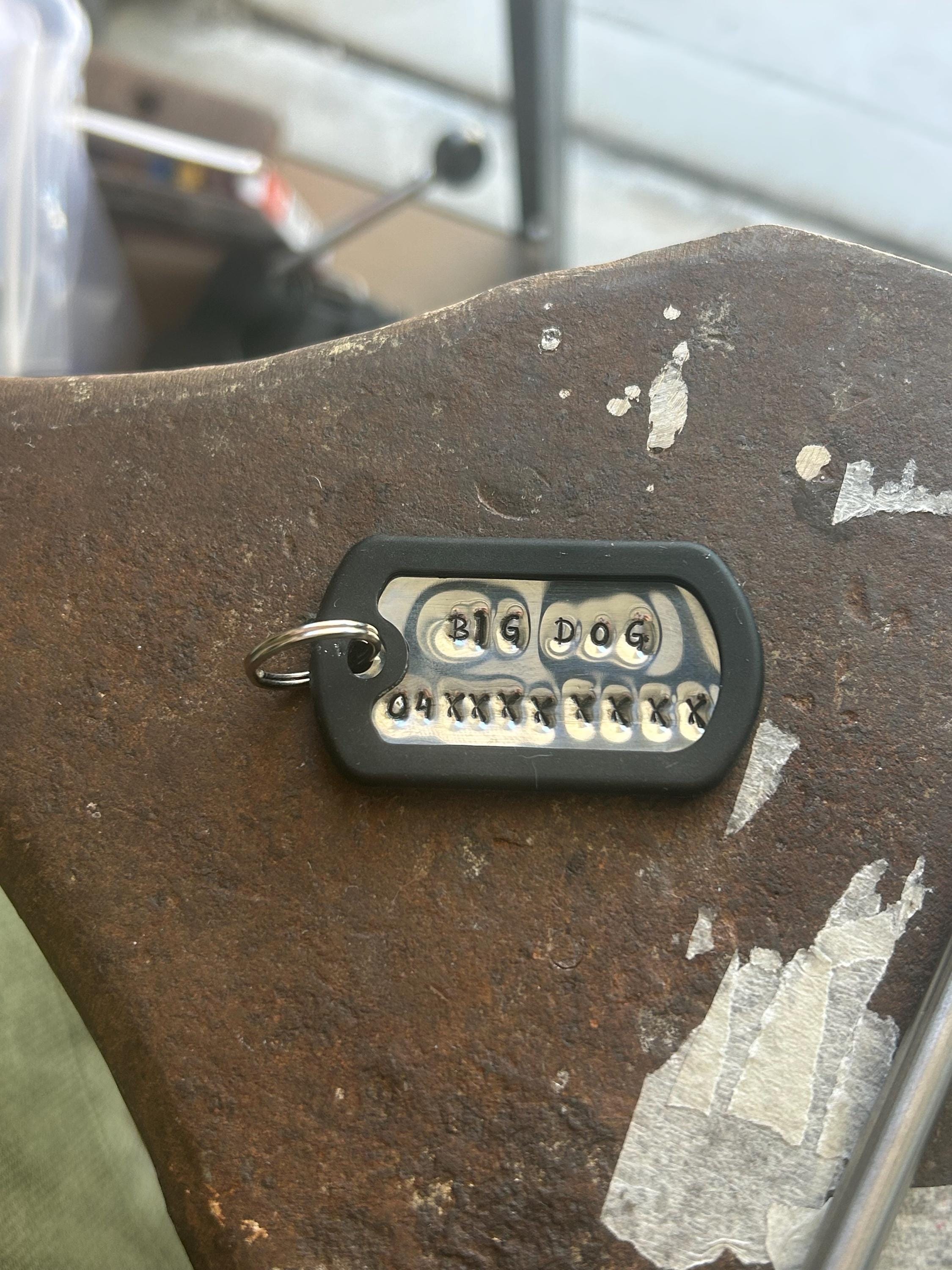 Hand Stamped Aluminium Dog Tag, Black Silencer, Personalised Pet ID (Medium-Large), photograph 3