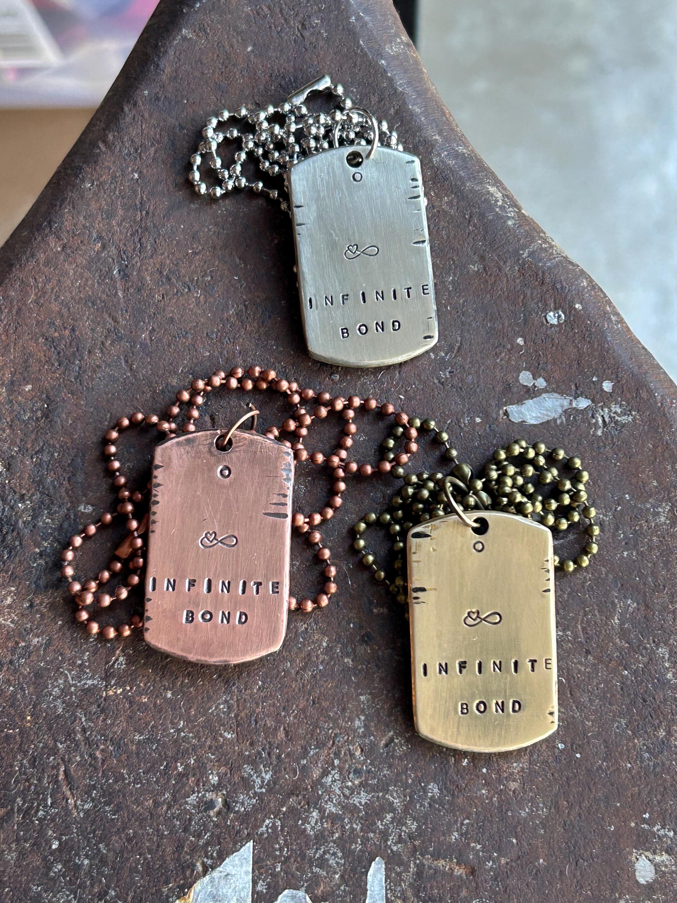 Infinite Bond Hand Stamped Dog Tag Necklace, Reiki Charged Copper Brass Silver Pendant, Connection Gift, photograph 3