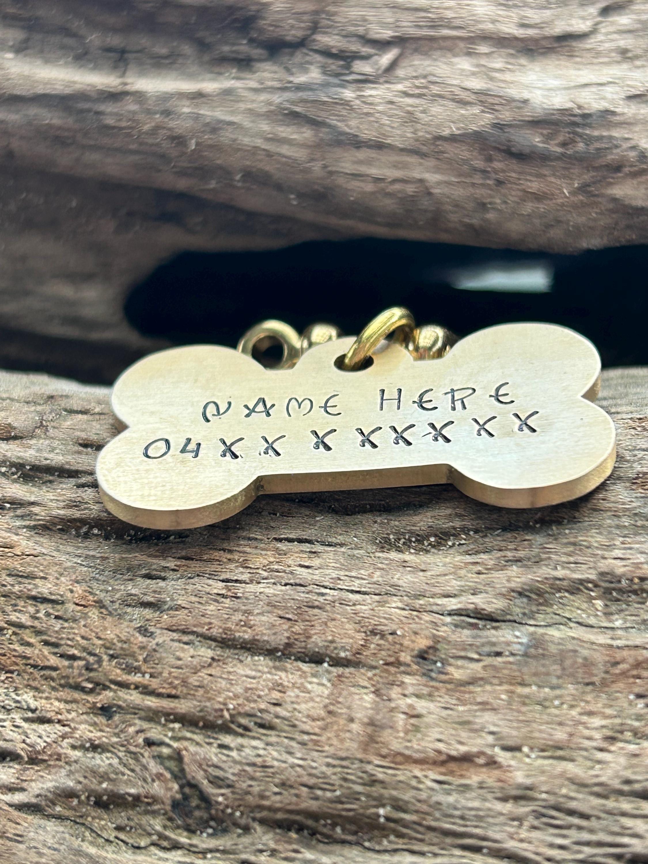Bone Shaped Brass Dog Tag, Hand Stamped Pet ID with Name and Phone Number, photograph 4