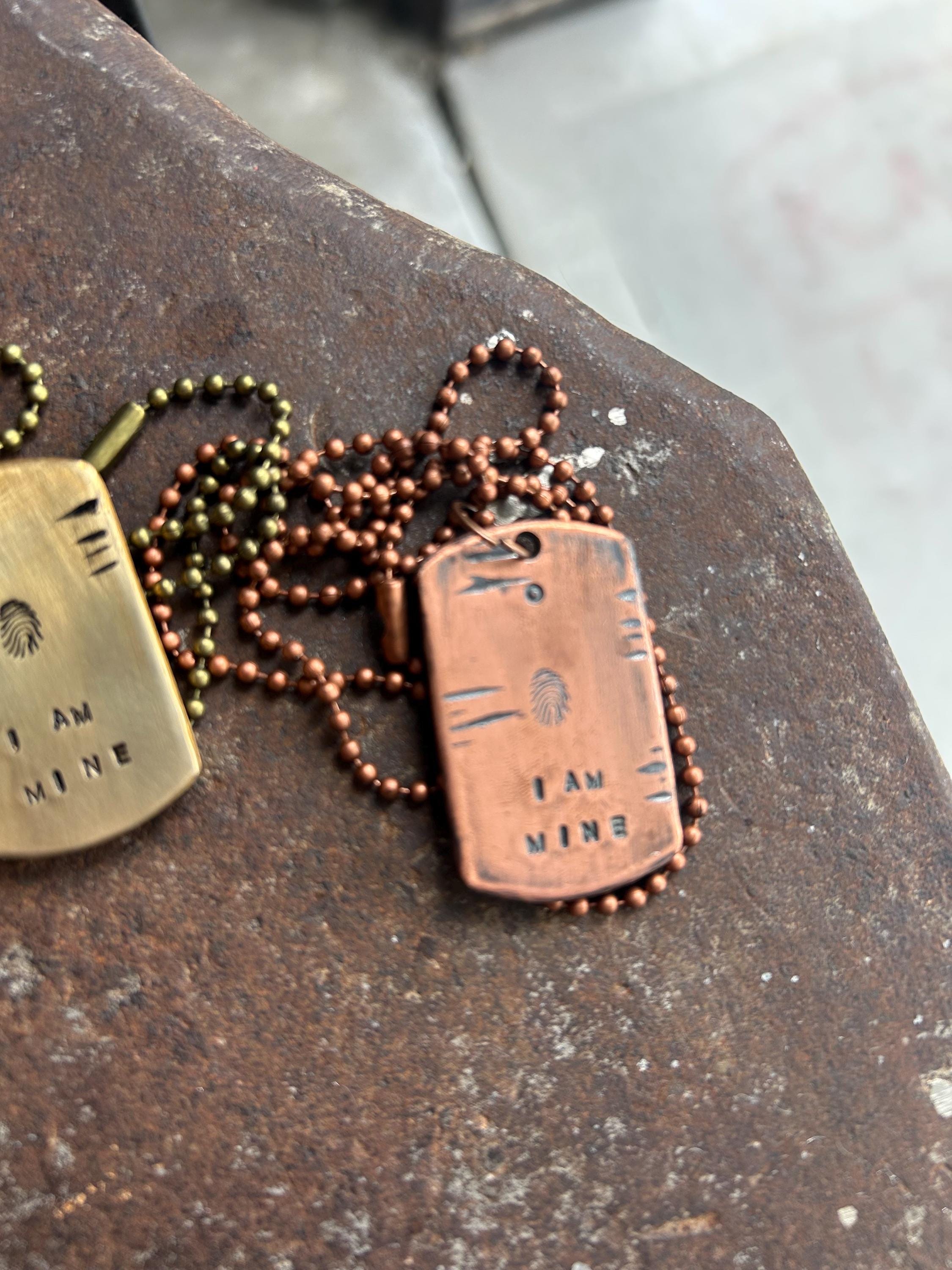 I Am Mine Hand stamped Dog Tag Necklace, Reiki Charged Copper Brass Silver Pendant, Self Love Gift, photograph 3
