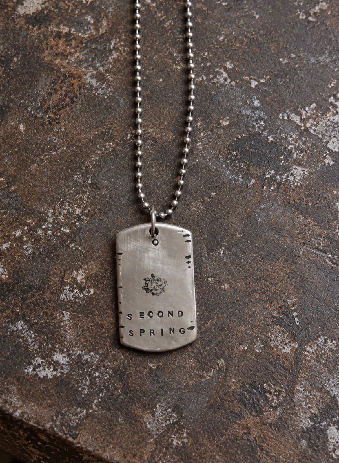 Hand stamped Second Spring Camellia Dog Tag Necklace, Reiki Charged Silver Cupronickel Pendant, Renewal Gift, photograph 2