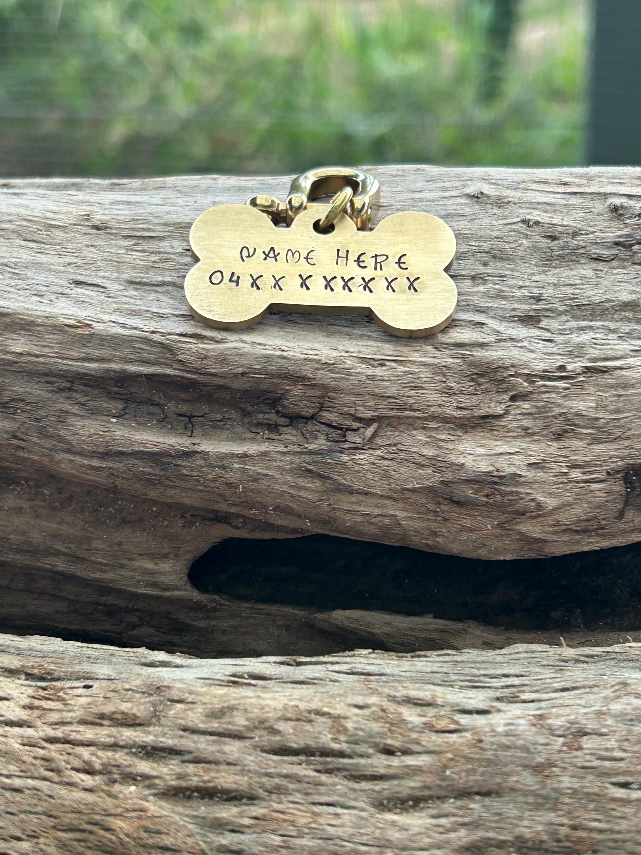 Bone Shaped Brass Dog Tag, Hand Stamped Pet ID with Name and Phone Number, photograph 8