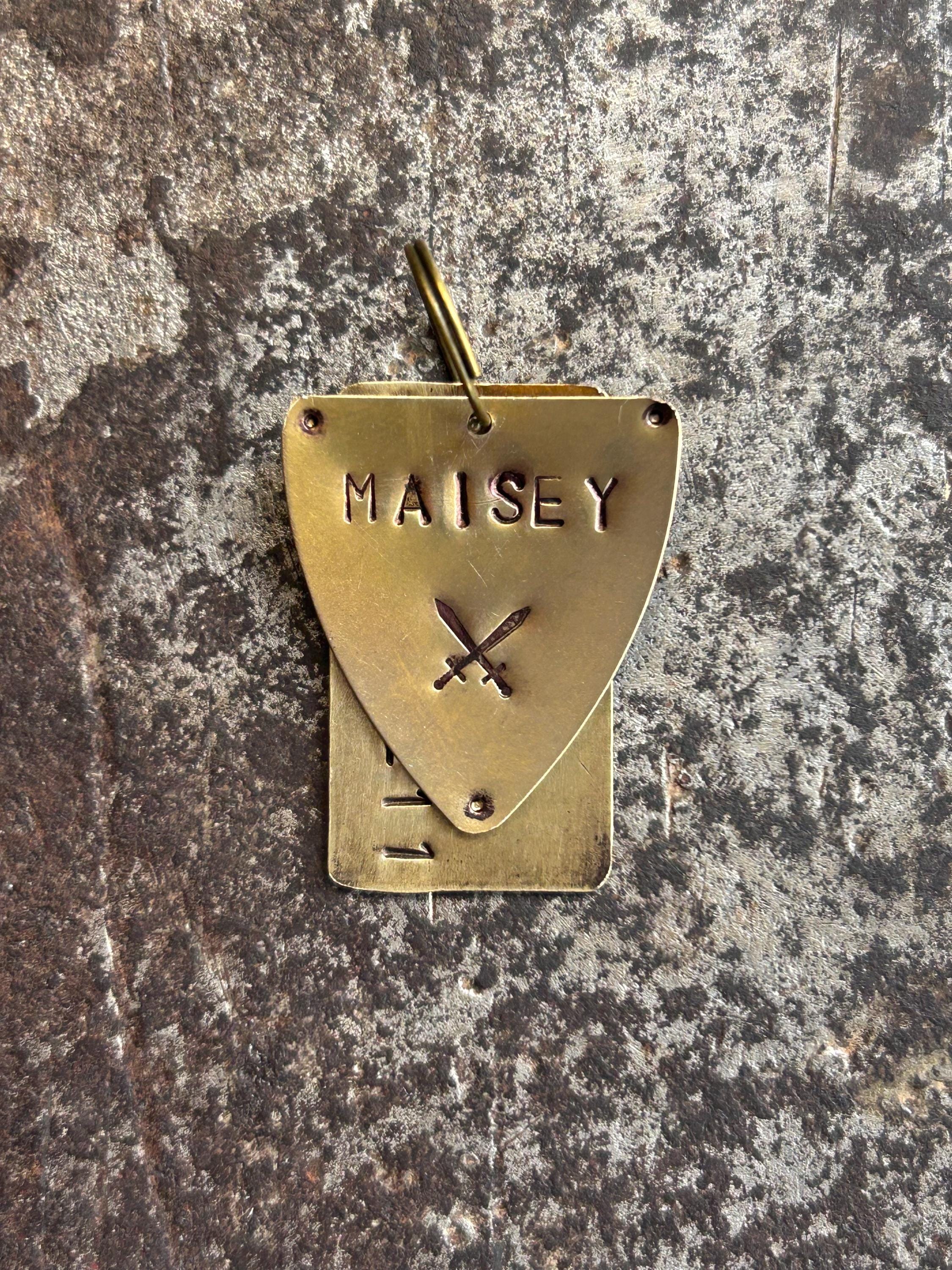 Hand-Stamped Brass Pet ID Tag, Medieval Shield, Custom Name & Phone Number (Dog or Cat), photograph 2