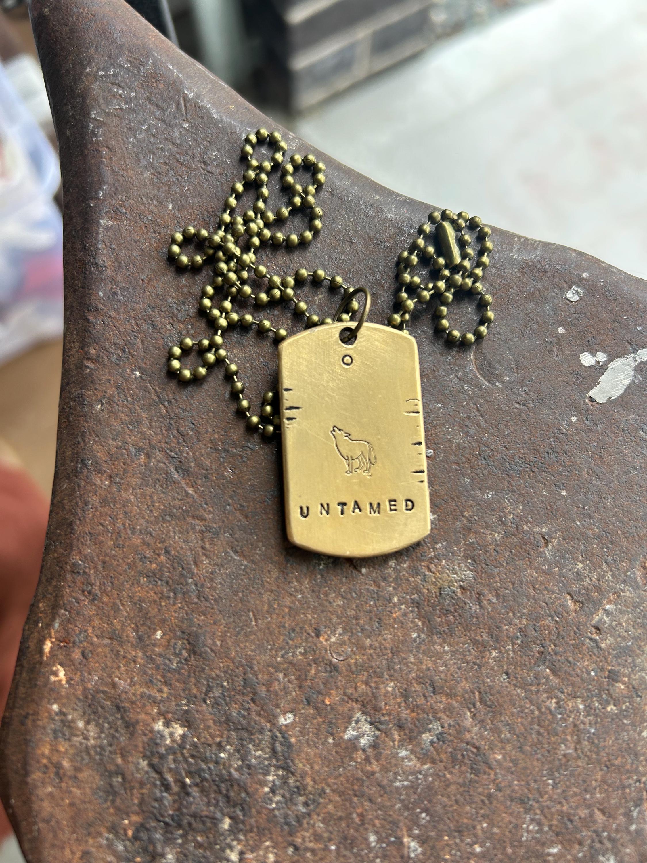 Hand Stamped Untamed Wolf Dog Tag Necklace, Reiki Charged Copper Brass Silver Pendant, Free Spirit Gift, photograph 3