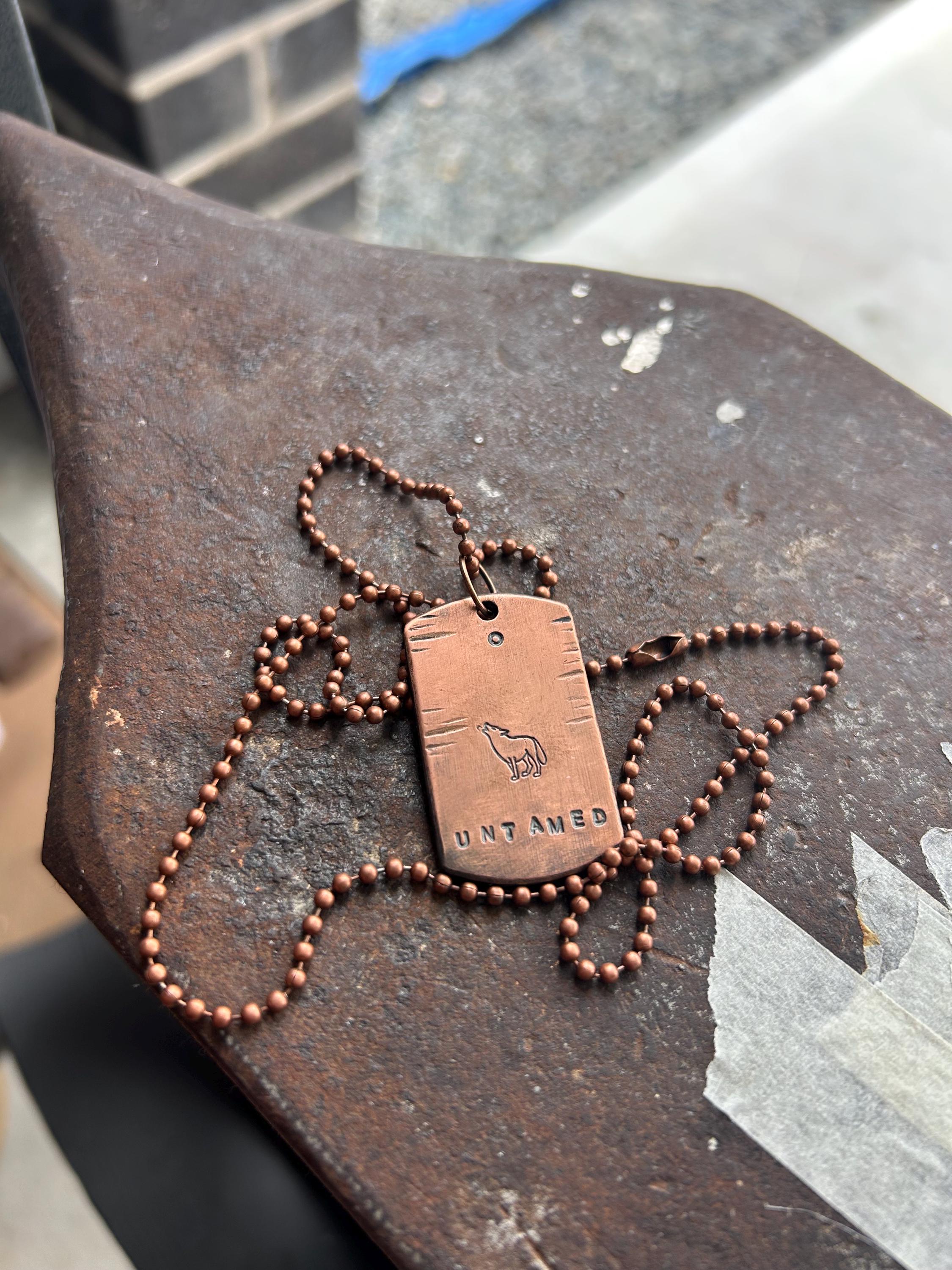 Hand Stamped Untamed Wolf Dog Tag Necklace, Reiki Charged Copper Brass Silver Pendant, Free Spirit Gift, photograph 2