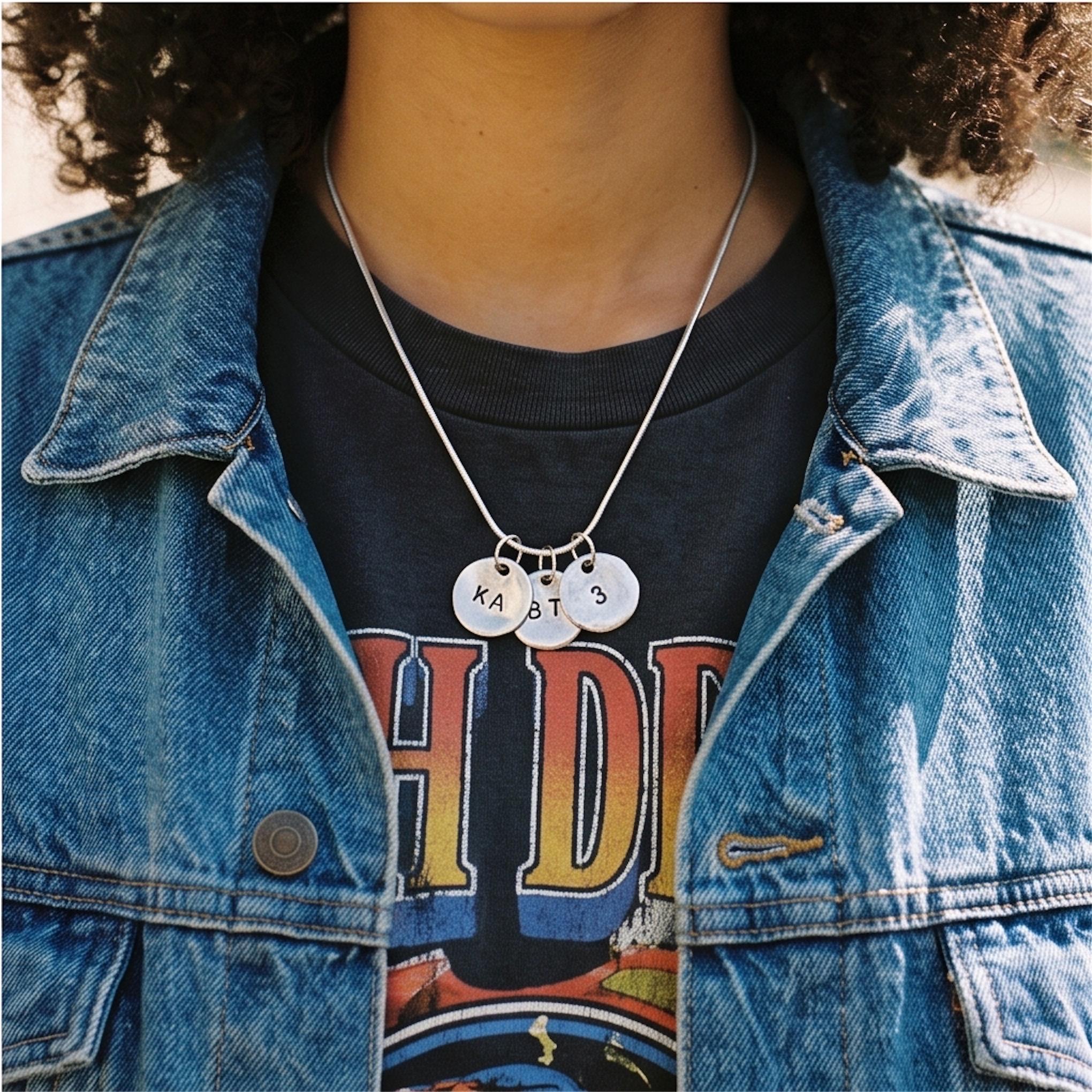Custom Hand Stamped Zinc Dot Necklace, Personalized Initials & Numbers (60cm Chain), photograph 1