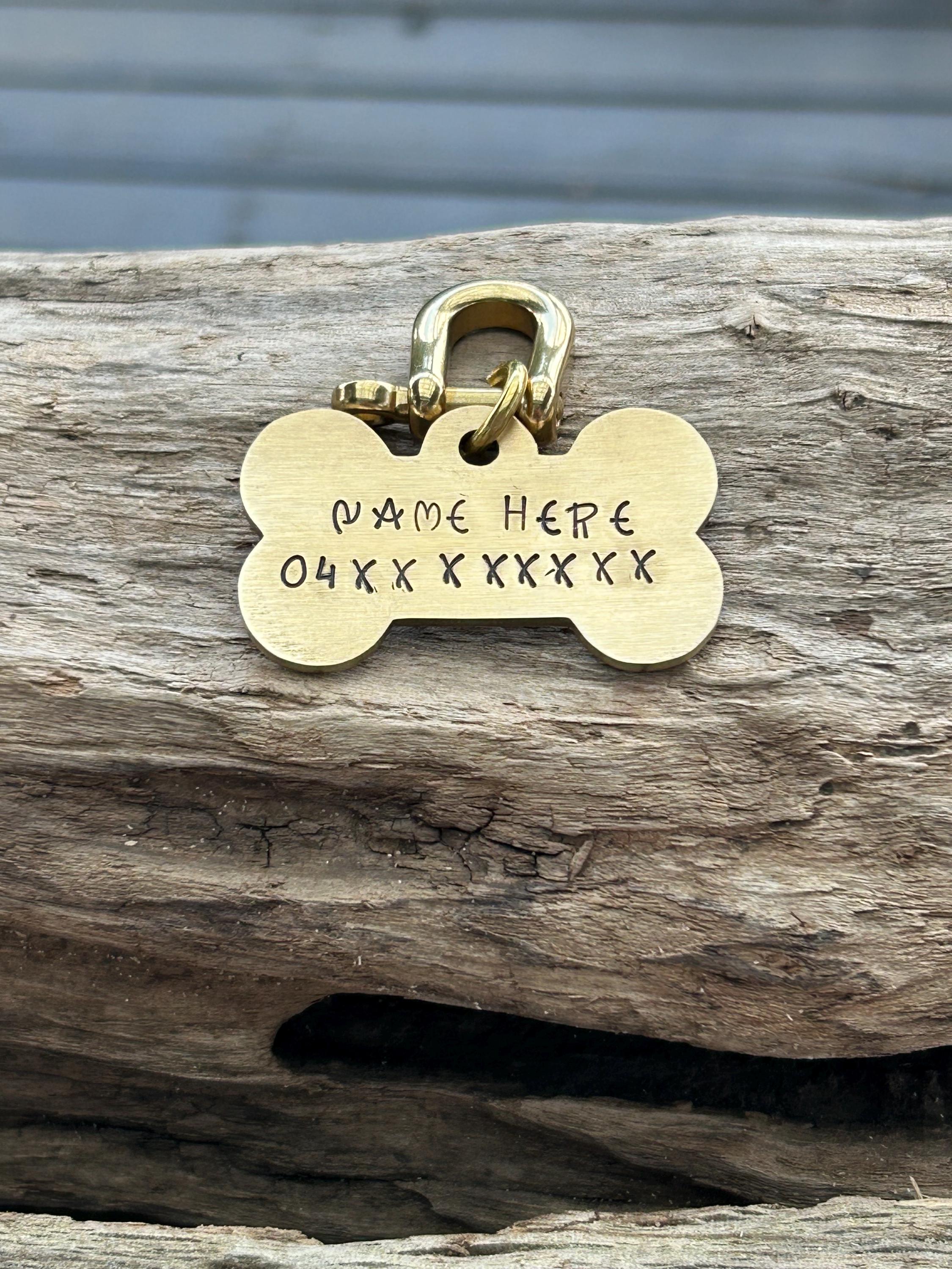 Bone Shaped Brass Dog Tag, Hand Stamped Pet ID with Name and Phone Number, photograph 2
