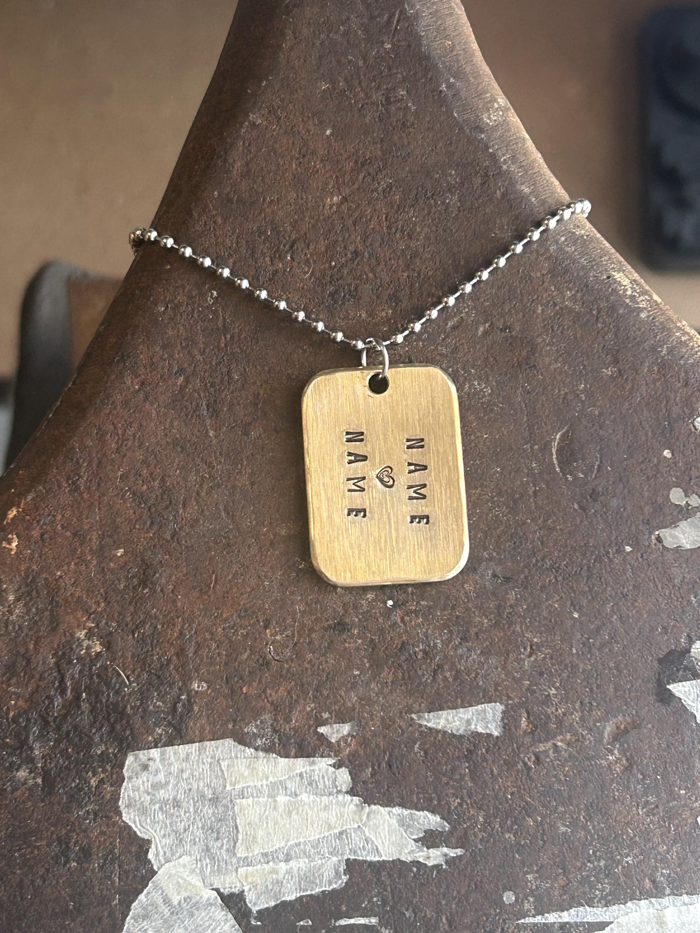 Old Skool Love Mini Tag Necklace, Personalised Couples Names, Worn Brass Pendant, Anniversary Gift, photograph 2