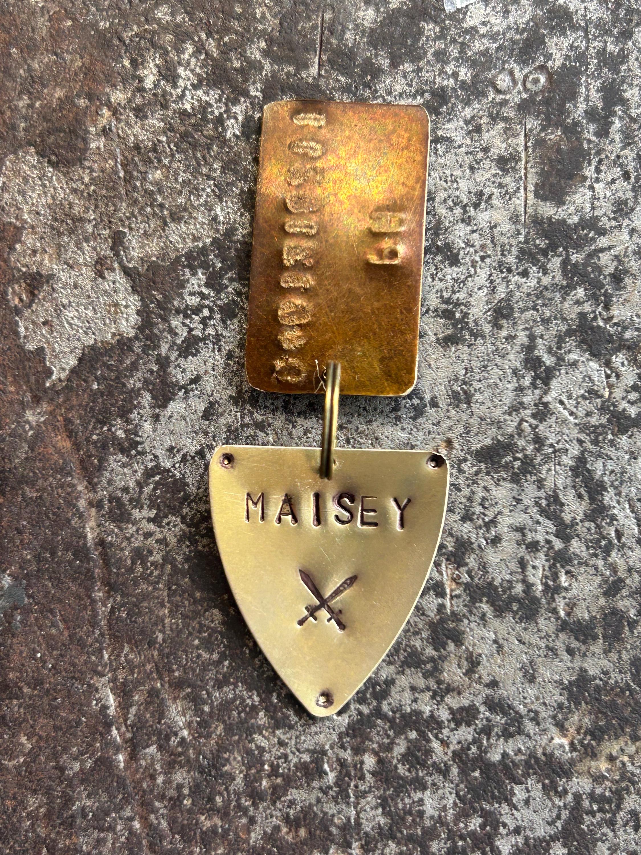 Hand-Stamped Brass Pet ID Tag, Medieval Shield, Custom Name & Phone Number (Dog or Cat), photograph 3