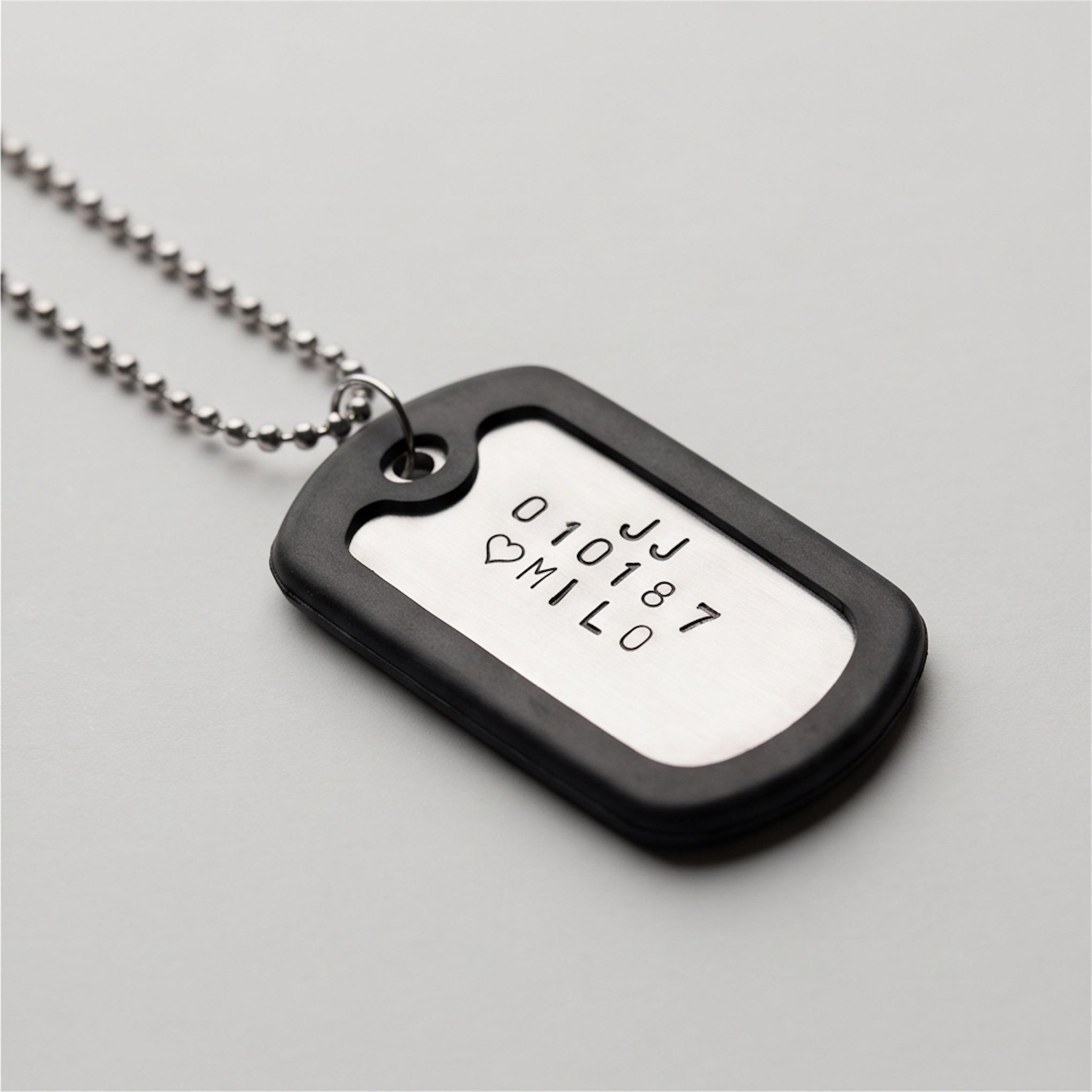 Custom Hand Stamped Dog Tag Necklace - Personalised Name, Date, Symbol, Handmade Aluminium Pendant, photograph 5