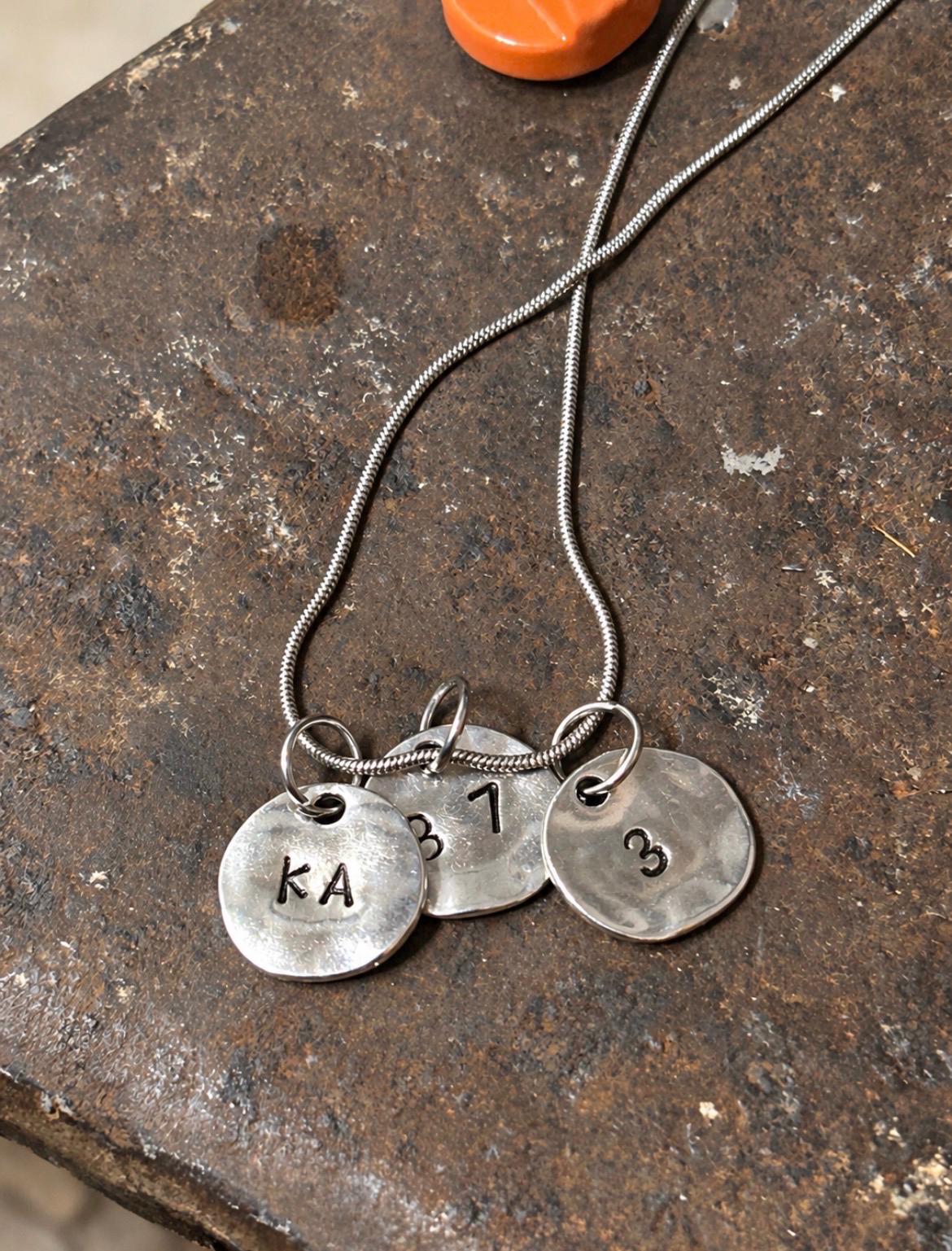 Custom Hand Stamped Zinc Dot Necklace, Personalized Initials & Numbers (60cm Chain), photograph 3