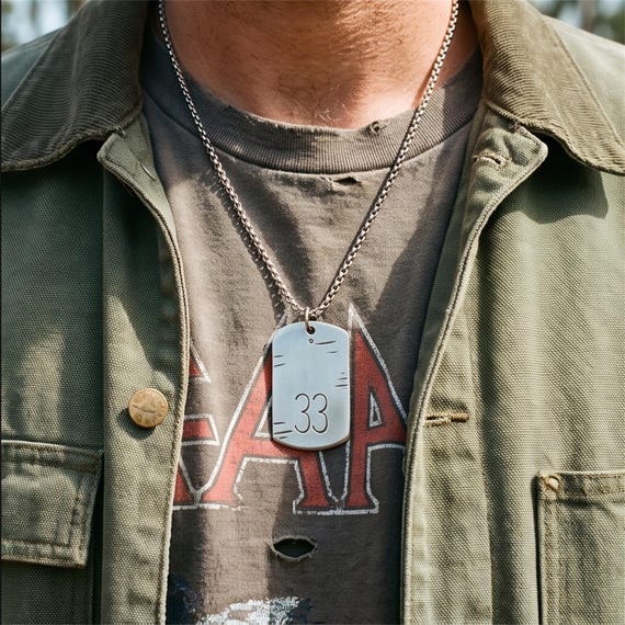 Hand Stamped Silver Dog Tag Pendant – Personalized Number, Custom Picture Stamp, photograph 1