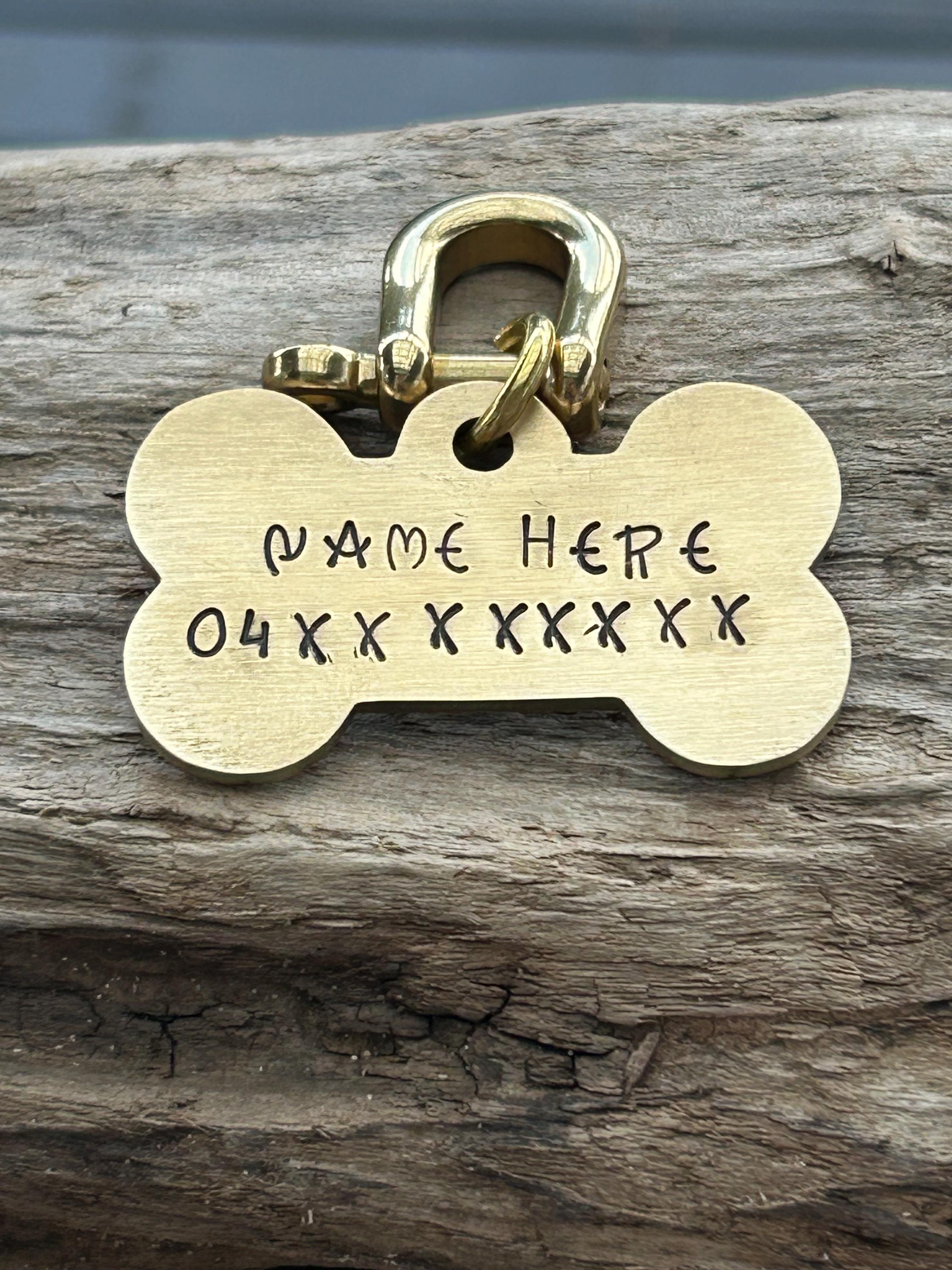 Bone Shaped Brass Dog Tag, Hand Stamped Pet ID with Name and Phone Number, photograph 7