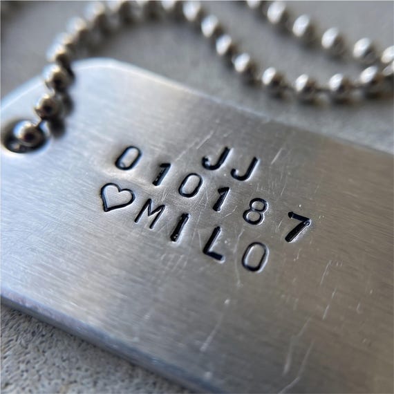 Custom Hand Stamped Dog Tag Necklace - Personalised Name, Date, Symbol, Handmade Aluminium Pendant, photograph 1