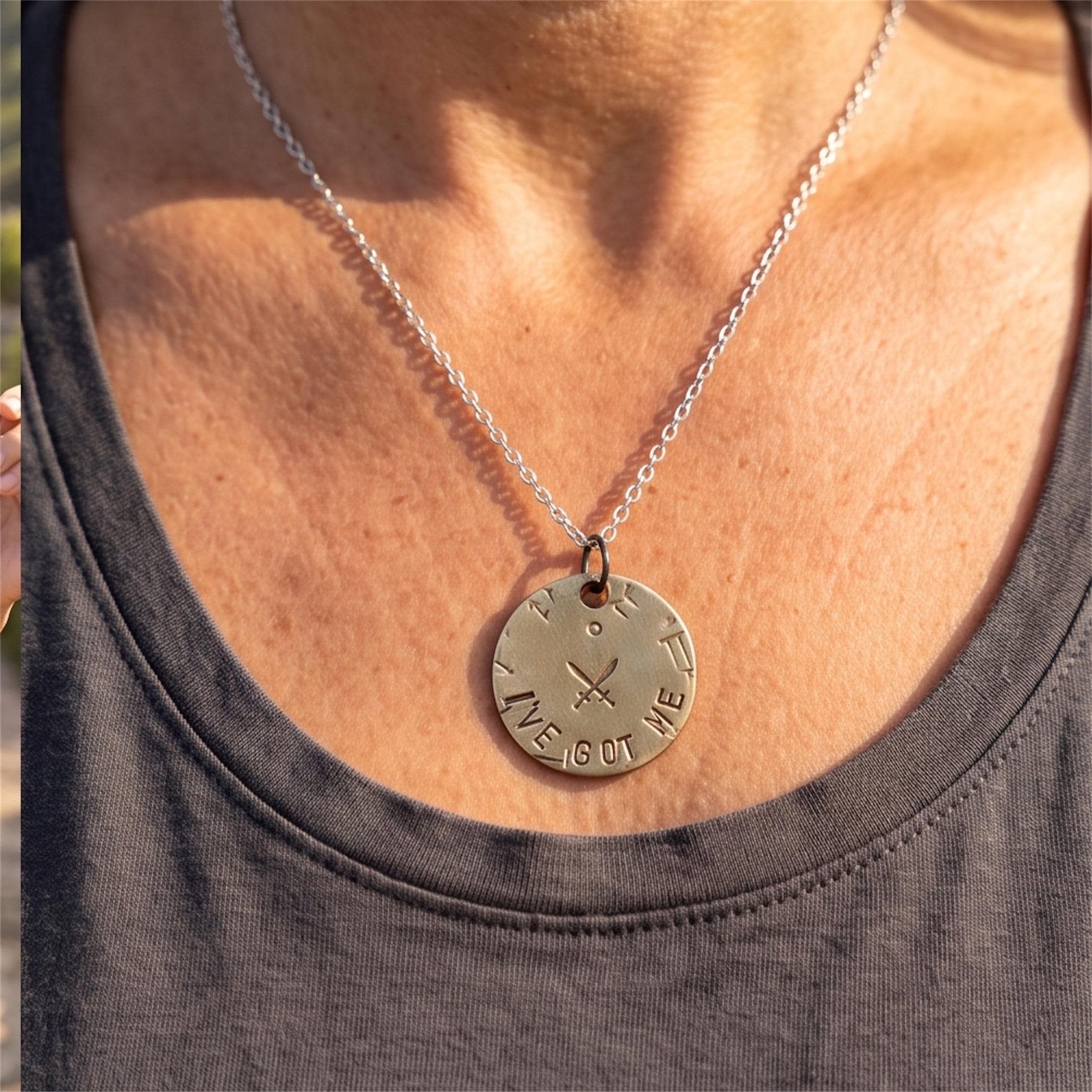 Handmade Brass Pendant Necklace, Crossed Swords, I've Got Me Strength Charm, photograph 2