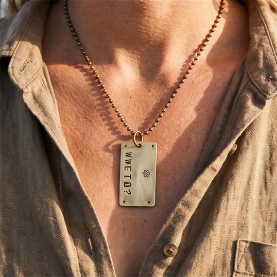 WWETD Hand stamped Necklace, What Would Eckhart Tolle Do Pendant, Spiritual Gift, Brass Necklace, Mindfulness Reminder, Reiki Charged, photograph 1