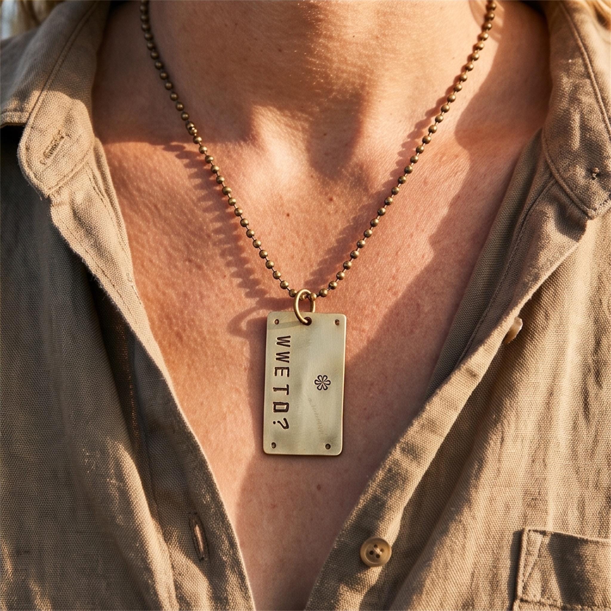 WWETD Hand stamped Necklace, What Would Eckhart Tolle Do Pendant, Spiritual Gift, Brass Necklace, Mindfulness Reminder, Reiki Charged, photograph 1