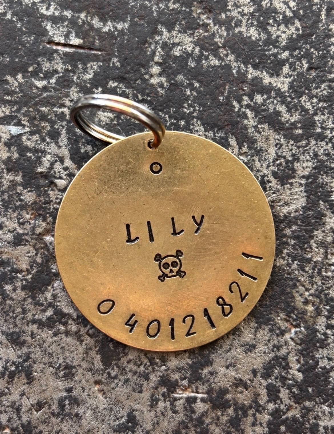 Hand-Stamped Brass Pirate Pet Tag, Skull & Crossbones, Personalized ID (35mm), photograph 2