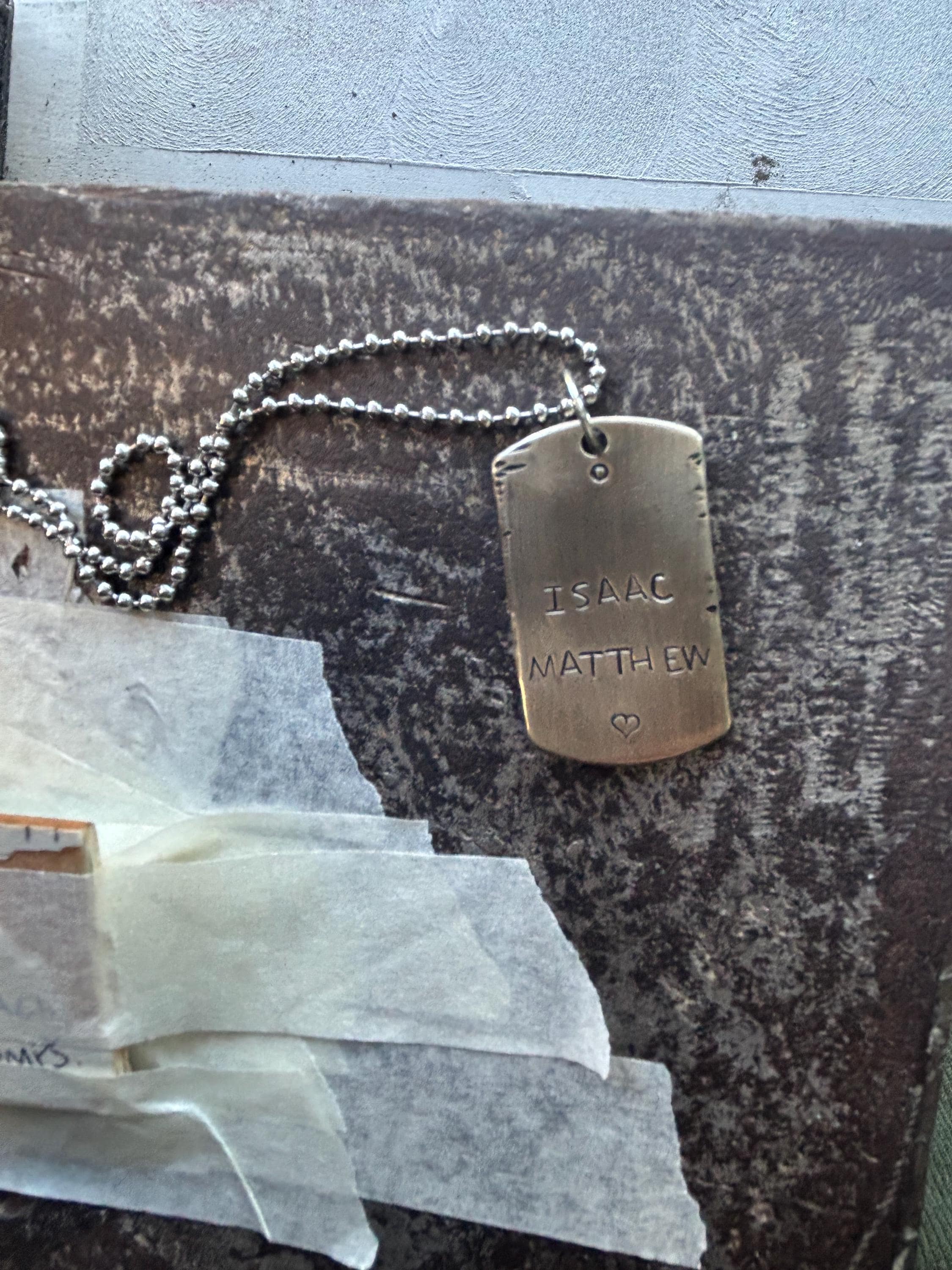 Thick Quality Hand Stamped Dog Tag Necklace – Personalized Name Pendant (Copper, Brass, Silver) - Antique Aged Finish, photograph 5