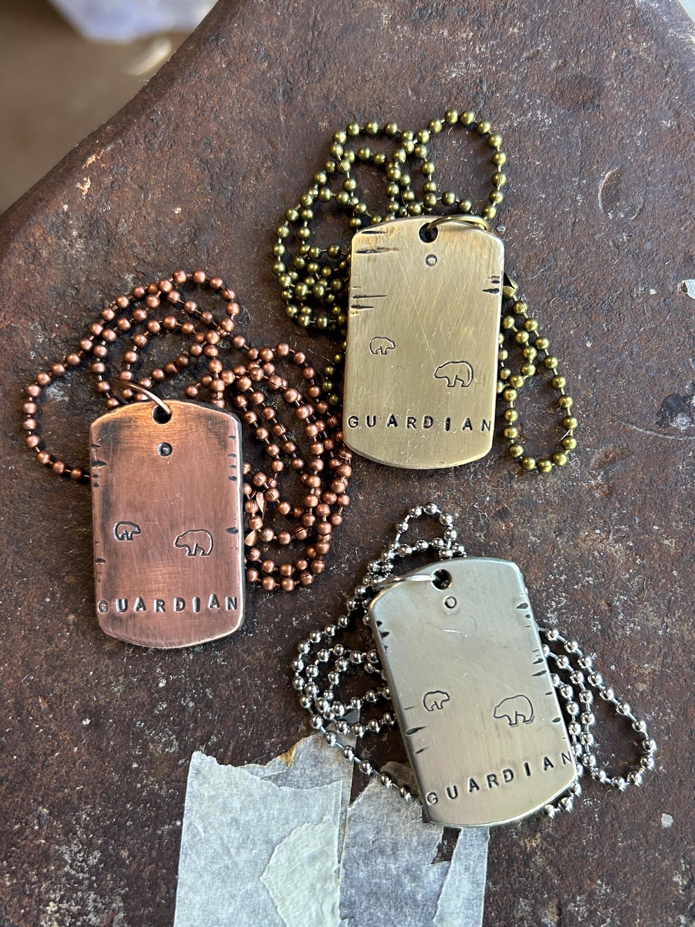 Guardian Bear Hand stamped Dog Tag Necklace, Reiki Charged Copper Brass Silver Pendant, Protection Gift, photograph 2