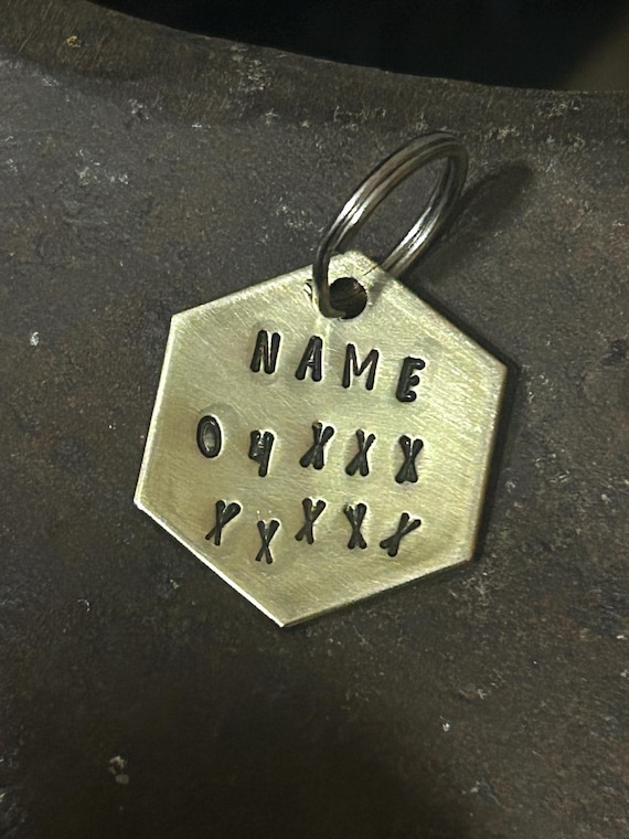 Hand Stamped Brass Hexagon Pet ID Tag, Custom Name & Phone Number, photograph 1