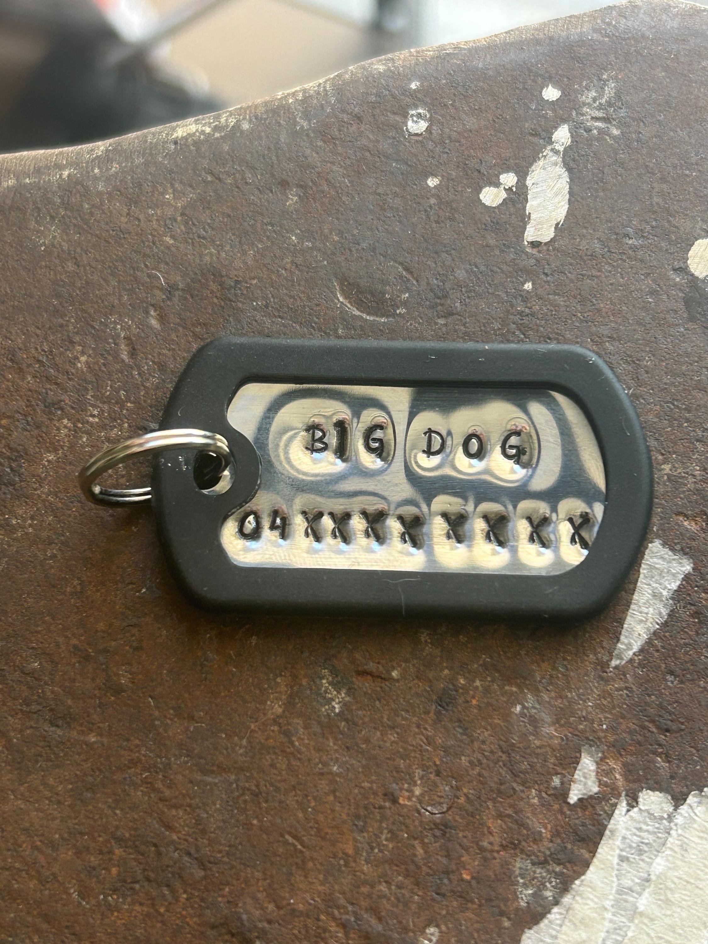 Hand Stamped Aluminium Dog Tag, Black Silencer, Personalised Pet ID (Medium-Large), photograph 1