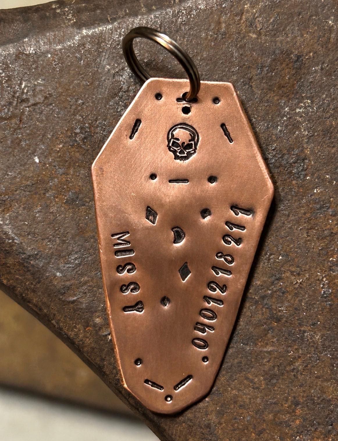 Coffin Pet ID Tag, Halloween Dog & Cat Tag, Hand Stamped Skull Tag, Copper or Aluminium, Spooky Pet Collar Accessory, photograph 2