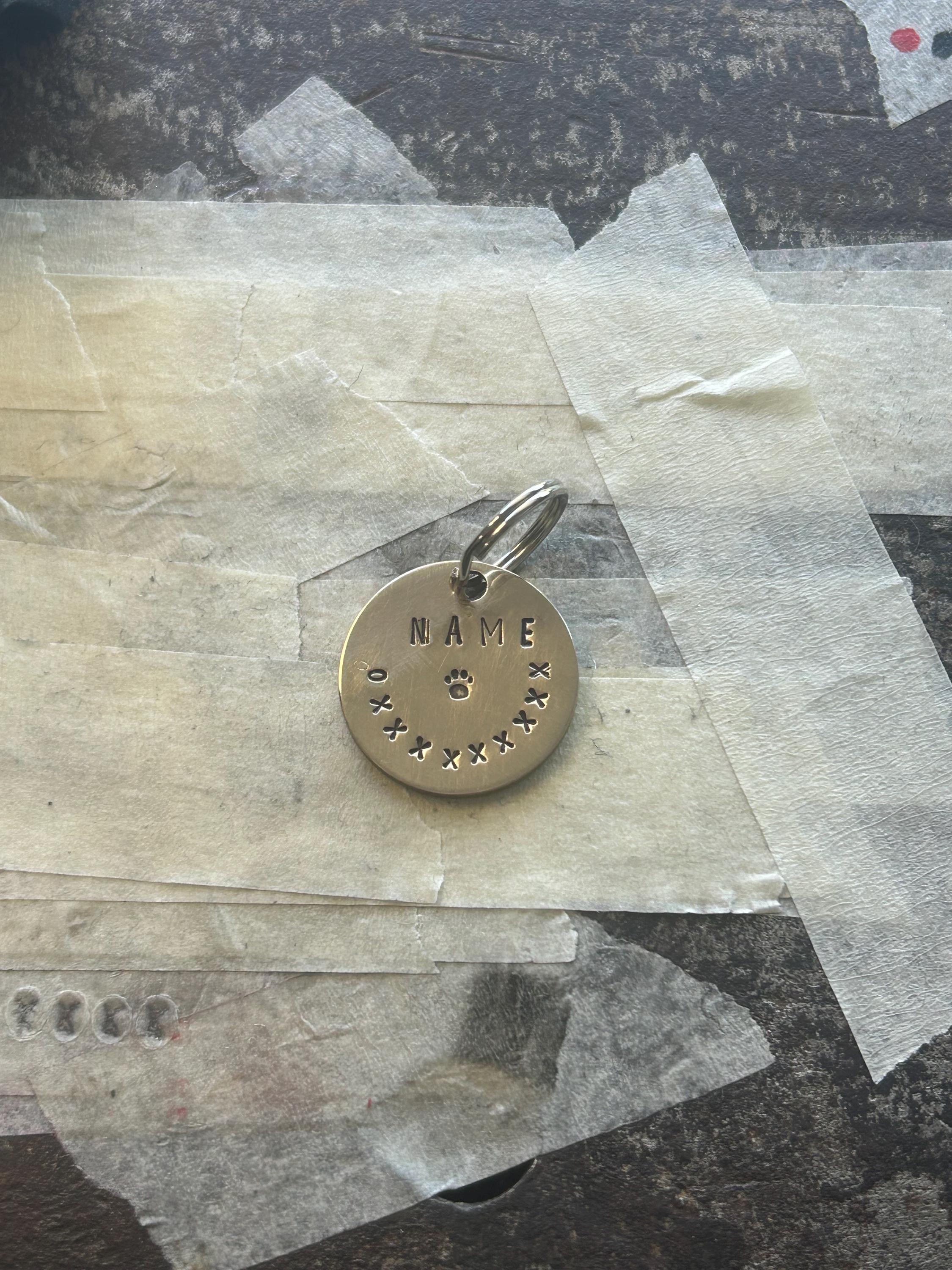 Thick Quality Hand Stamped Brass Pet ID Tag, Personalized Name & Phone, Peace Paw Daisy (25mm), photograph 2