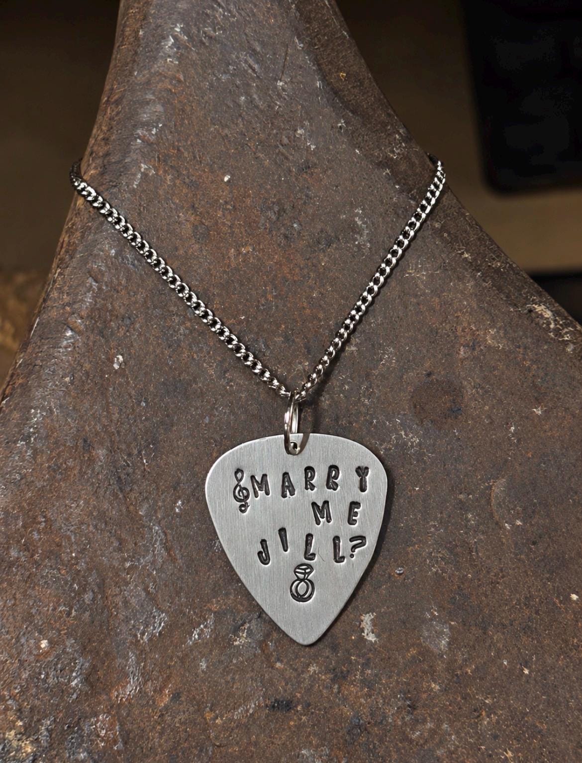 Personalised Guitar Pick Pendant Necklace | Hand-Stamped Proposal Gift (Alkeme Metal), photograph 2