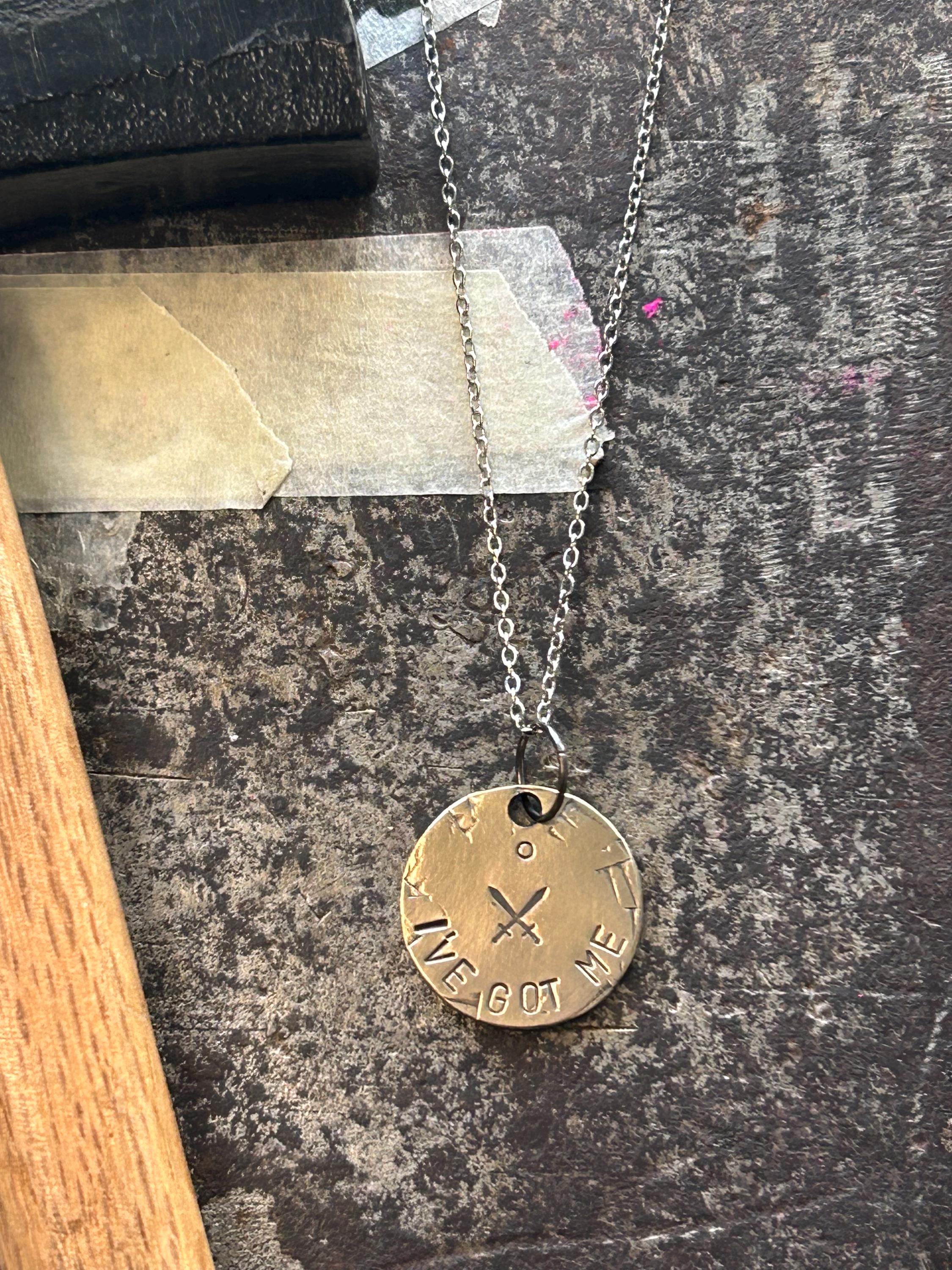 Handmade Brass Pendant Necklace, Crossed Swords, I've Got Me Strength Charm, photograph 3