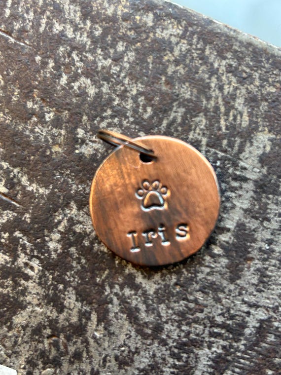 Hand Stamped Copper Pet ID Tag – Antique Finish, Personalized Name & Phone Number, photograph 1