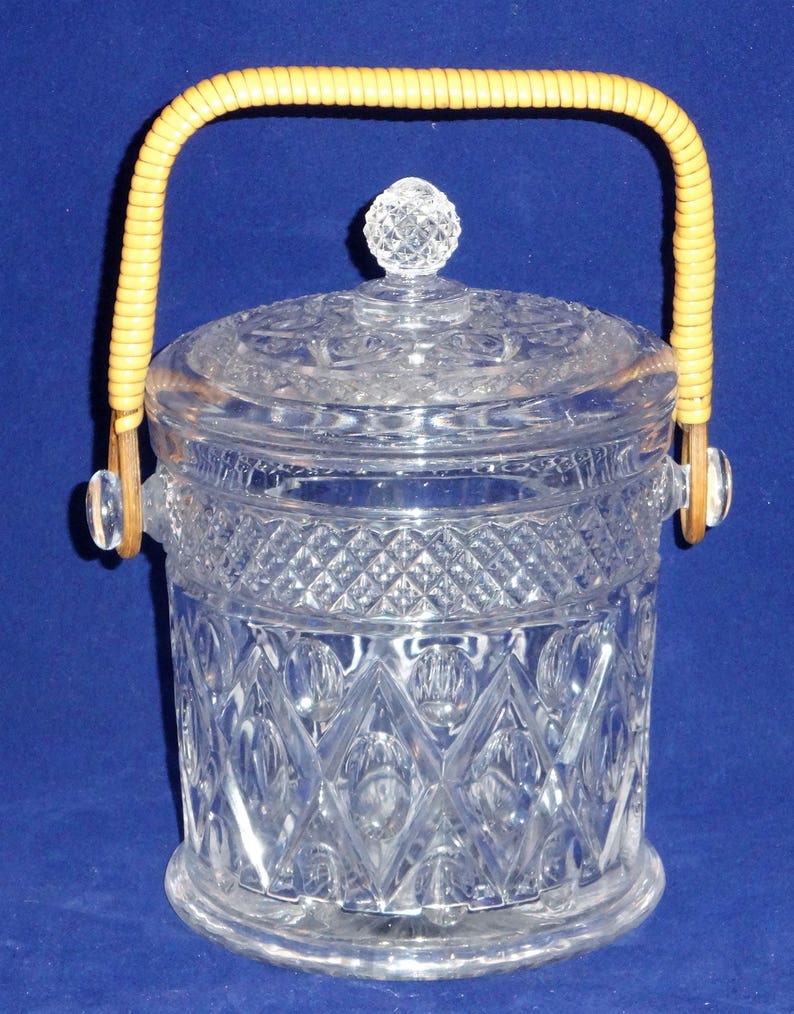 Glass Ice Bucket with Lid and Rattan Handle Pressed Glass Etsy