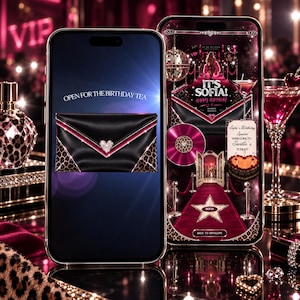 May include: Two smartphones displaying a digital invitation with a black envelope graphic featuring a heart-shaped clasp, leopard print accents, and text including 'OPEN FOR THE BIRTHDAY TEA', 'IT'S SOFIA!', and 'Sofia's Birthday Special' on a dark background.