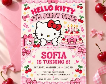 Hello Cat Birthday Invitation, Editable Canva Template, Pink Gingham Cherry Party Invite, Girl Birthday Digital Download, Kawaii Invitation