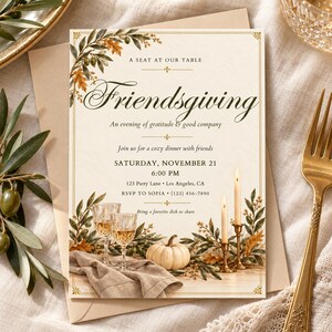 Invitación elegante para Friendsgiving, cena con ramas de olivo en tonos marfil y dorado, plantilla editable de Canva, invitación elegante para comida compartida con calabazas otoñales.