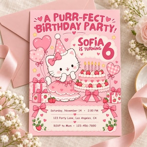 May include: A pink birthday party invitation card featuring a white cat in a party hat, a strawberry cake with six candles, and heart-shaped balloons. The text reads A PURR-FECT BIRTHDAY PARTY, SOFIA IS TURNING 6, with event details and RSVP info.