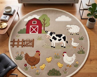 Round Farm Animal Kids Rug, Barnyard Nursery Area Rug, Wool Construction