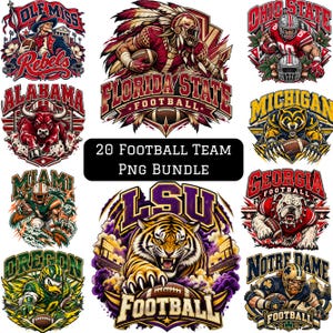 May include: A digital collection of 20 football team graphic designs featuring various mascots, players, and team names like Ole Miss, Alabama, Florida State, Ohio State, Michigan, Miami, LSU, Georgia, Oregon, and Notre Dame with the text 20 Football Team PNG Bundle.