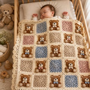 Teddy Bear Baby Blanket Crochet Pattern | Patchwork Granny Squares (PDF Download)
