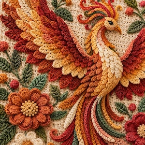 Crochet Phoenix Wall Hanging Pattern, Floral Bird Tapestry, Boho Botanical Art (Digital Download)