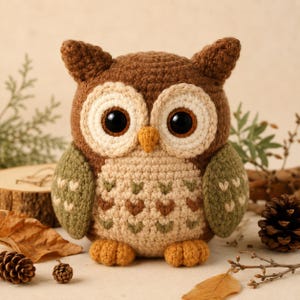 May include: A crocheted owl figurine featuring a dark brown head and body, cream-colored facial discs, large black plastic eyes, a small yellow beak, olive green wings with light-colored accents, and textured yellow feet in a seated position.
