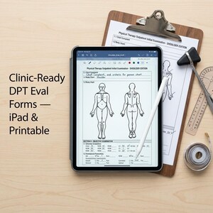 May include: A tablet displaying a Physical Therapy Outpatient Initial Examination form for shoulder evaluation, accompanied by a stylus, a clipboard with a printed version of the same form, a reflex hammer, a goniometer, and a measuring tape.