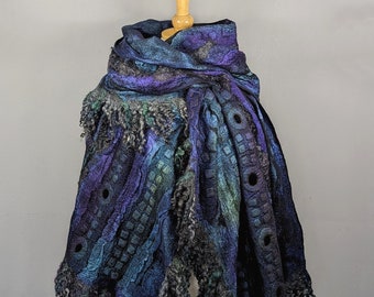 Felted silk scarf/ Real wool shawl  Felt Fur Curly scarf,   Nuno Felted scarf, wool wrap shawl, felt scarf, blanket wool scarf, gift for her